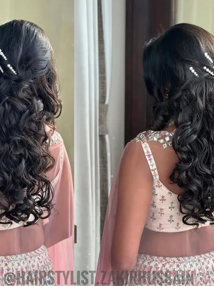 A dual-angle view of the half-up style with tight curls, showing the volume and texture.