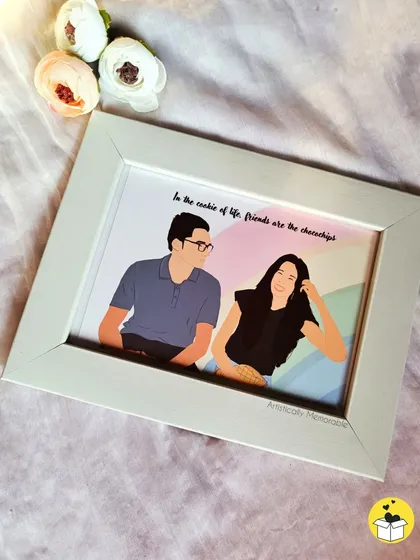 An overhead shot of the friendship illustration, decorated with small flowers. This shows the artwork as a beautiful flat-lay, perfect for desk or wall decor.