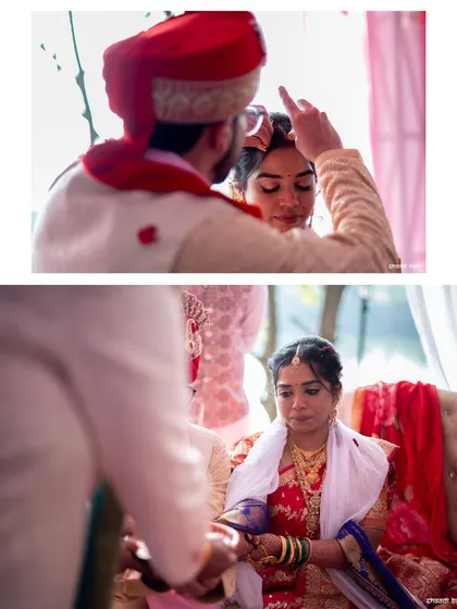 A collage of sacred moments from a Maharashtrian wedding, including the applying of sindoor and the tying of the mangalsutra.