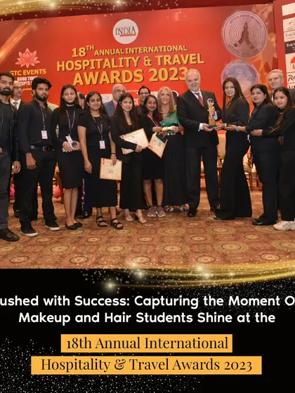 The entire team receiving an award at the International Hospitality & Travel Awards. This recognition reinforces our position as a leading academy in the beauty and wellness industry.