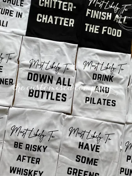 Get the party started with custom "Most Likely To..." t-shirts. Perfect for a 30th birthday trip or bachelor party, these shirts add a fun, interactive element to any group celebration.