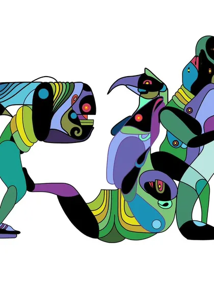 A dynamic composition of several creatures interacting, showcasing the playful and energetic nature of this series.