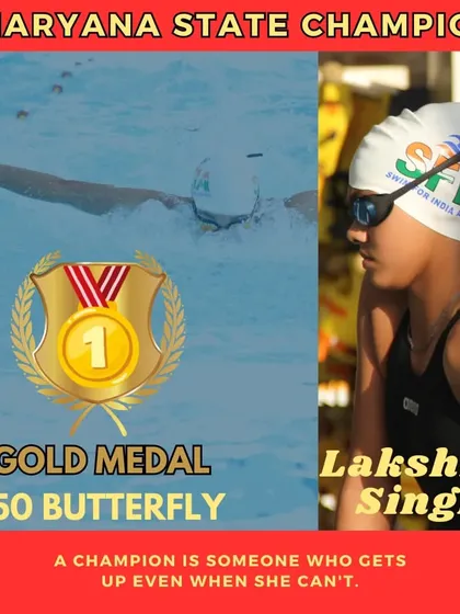 Another gold for Lakshita Singh at the Haryana School State Swimming Competition, this time in the 50m Butterfly. Her power and technique were flawless.