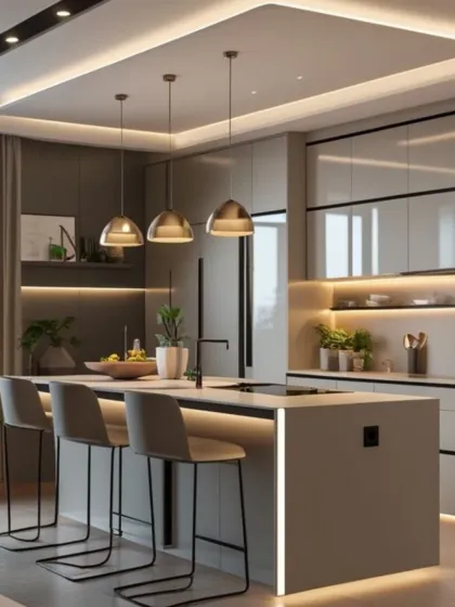 This kitchen design features a neutral palette with light grey cabinets and a functional island with seating. We used warm-toned pendant lights and under-cabinet lighting to create a cozy and inviting ambiance.