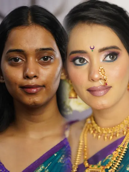 A classic Maharashtrian bridal look, elevated with modern techniques. My focus here was to create a flawless base that enhances her natural beauty while ensuring the traditional elements, like the chandrakor bindi and nath, shine through. This is my "Makeup आहे, पण दिसत नाही" philosophy in action.