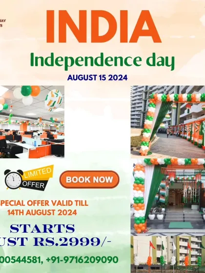 My special decor package for Independence Day celebrations. I offer affordable options starting at just Rs. 2999 for decorating offices and venues with tricolor balloon arches and flags.