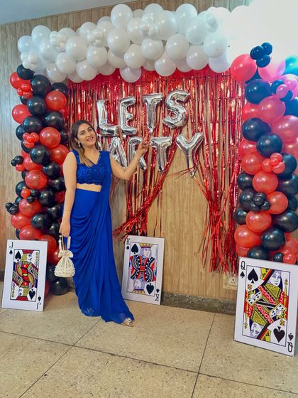 Let's party! This blue drape saree is all about celebrating in style. The color is bold and confident, and the silhouette is comfortable enough to dance the night away.