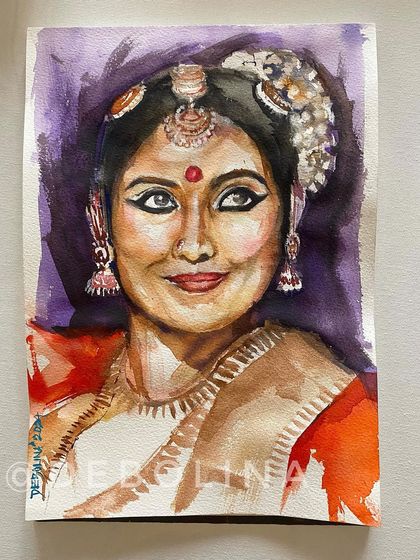 This watercolor portrait is of my dear friend Anju, a talented Mohiniyattam dancer. She has been a huge inspiration in my life, and this painting is a small tribute to her grace and passion.