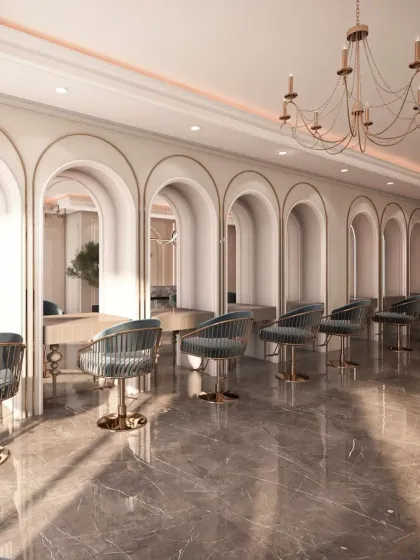 I designed this luxury salon with repeating archways to create a sense of rhythm and elegance. The combination of marble-finish floors, plush seating, and warm, indirect lighting provides a serene and high-end experience for clients.