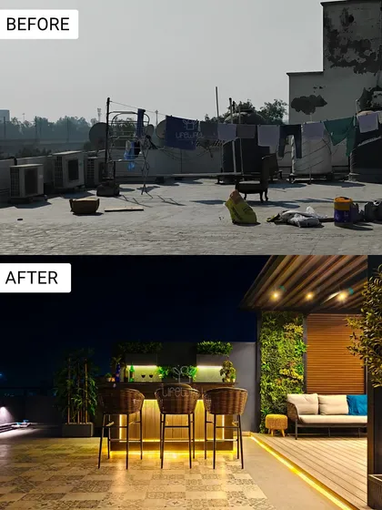 This cluttered rooftop is now a chic, modern bar and lounge. The transformation includes a stylish bar with under-lighting, a comfortable seating area, and a vertical green wall for a touch of nature.