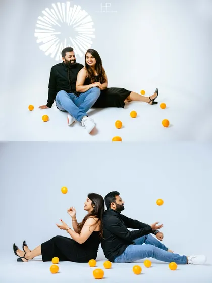 A playful and modern studio photoshoot collage. Using simple props like oranges and a clean white background, we can create fun, lighthearted images that show off your personalities.