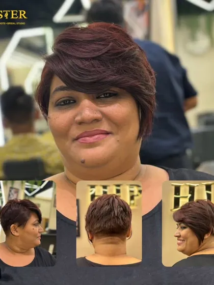 This collage showcases a stunning short haircut transformation, with a rich color and a chic, modern style.