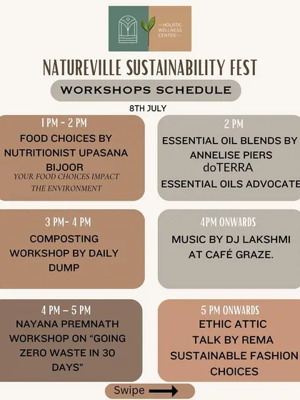 This is the schedule from our Natureville Sustainability Fest. We hosted workshops on sustainable food choices, composting, zero-waste living, and more, bringing the community together to learn how to make our world a better place.