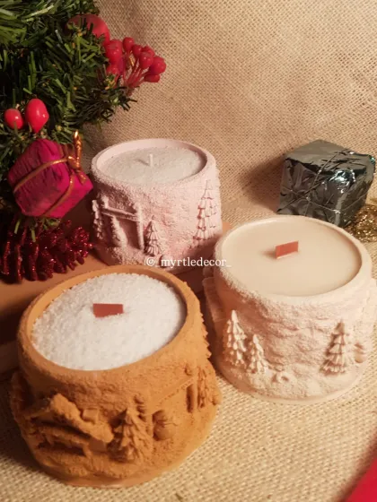 Our Winter Lights Jar Candles are shown here in three different custom colors: terracotta, dusty rose, and natural white. Each one is filled with pure soy wax for a clean, long-lasting burn.