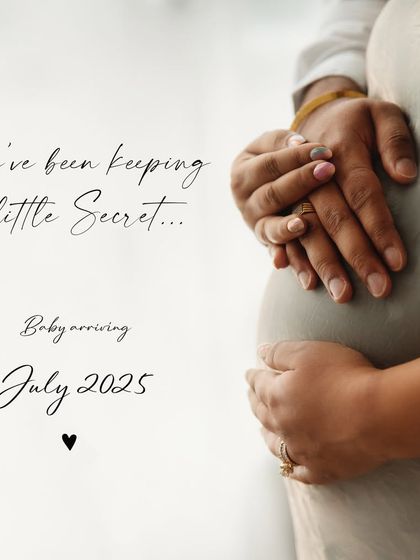 A simple and elegant digital announcement card. I can create these beautiful, minimalist designs featuring a close-up of your hands and bump with your due date.