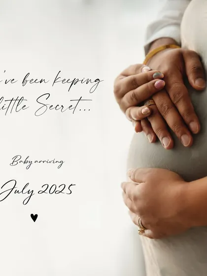 A simple and elegant digital announcement card. I can create these beautiful, minimalist designs featuring a close-up of your hands and bump with your due date.
