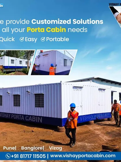 I provide customized, quick, and easy portable solutions for all your cabin needs. This image shows my team on a construction site with the finished porta cabins, ready for use.