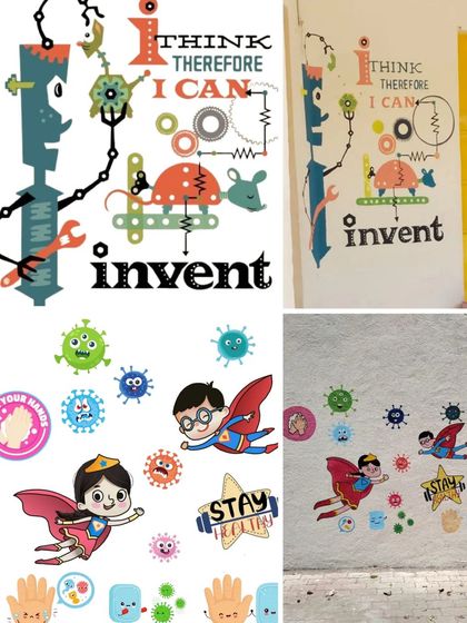 Murals designed to inspire invention and teach about hygiene in a fun, superhero-themed way.