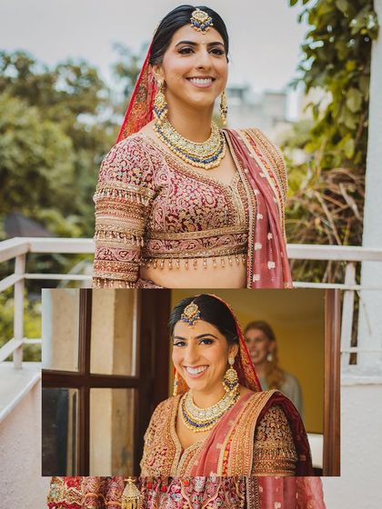 A collage of the bride's happy and smiling portraits from her wedding day.