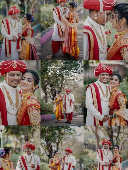 A collage celebrating the love of Sutesh and Priti. It showcases a variety of poses from their traditional Maharashtrian wedding, from formal portraits to candid, happy moments.