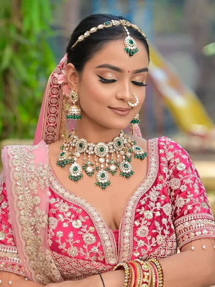 Another beautiful close-up, highlighting the soft glow of the skin and the intricate details of the lehenga.