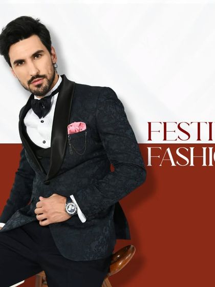 Festive fashion at its finest. This black patterned tuxedo with a pink pocket square is perfect for elevating your style game.