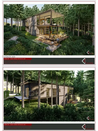 This render shows a two story sustainable villa with an open ground floor plan that merges with an outdoor deck. The structure is designed to be assembled on site from factory manufactured panels, reducing construction time and environmental impact.