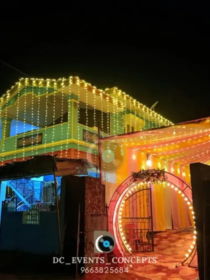 We transform entire venues, including the exterior of your home. This image showcases our full-scale lighting and entrance decor, creating a festive and welcoming ambiance for guests right from their arrival.