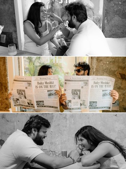 A collage telling the story of their coffee date that turned into the biggest news. The custom newspaper is such a clever and personal prop for a baby announcement.