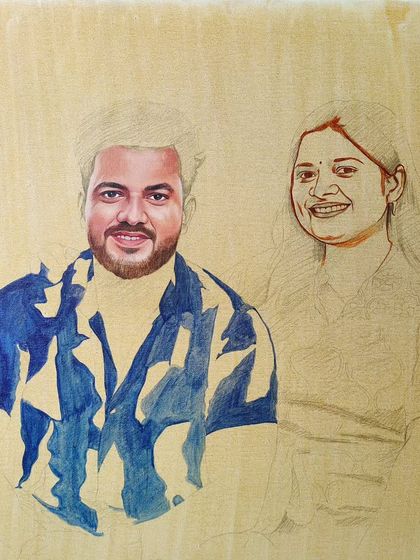 The painting in progress. I've started blocking in the colors on his shirt, while her portrait is still in the sketch phase.