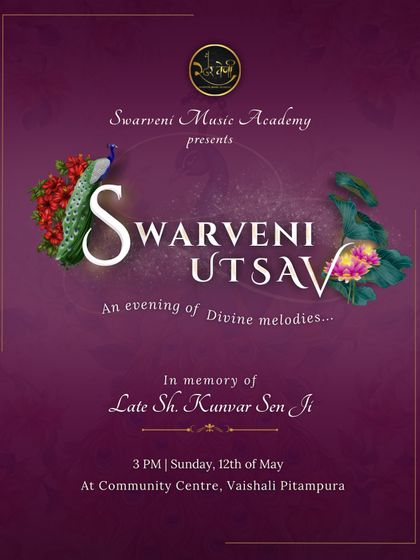 The official poster for the Swarveni Utsav, an evening of divine melodies presented by the students of the academy.
