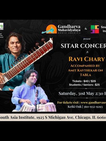 The official poster for my sitar concert in Chicago, presented by Gandharva Mahavidyalaya and the South Asia Institute.