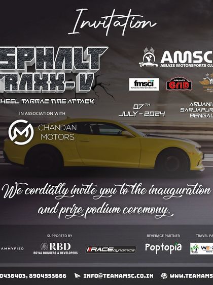 An official invitation for the Asphalt Traxx V inauguration and podium ceremony, highlighting the professional structure of events held here.