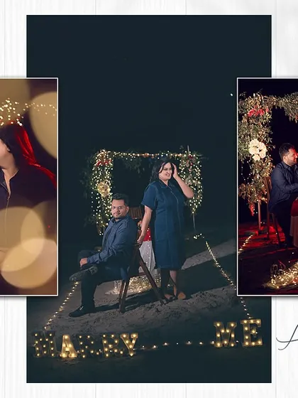 A collage telling the story of a magical proposal night. From the "Marry Me" lights on the ground to the romantic, candle-lit dinner setup, every detail is planned and captured.