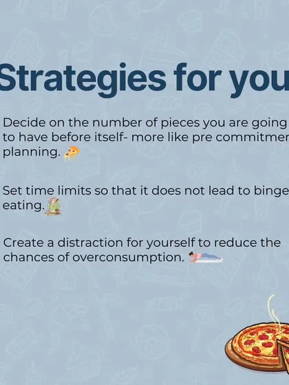 You can still enjoy pizza on a diet! This graphic gives you strategies for mindful indulgence, like pre-committing to the number of slices and setting time limits to avoid bingeing.