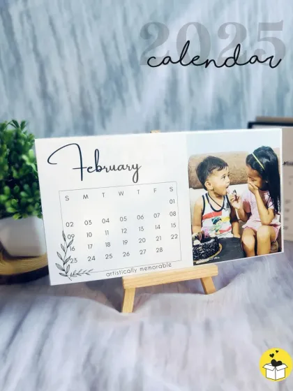 The February card from an easel calendar set, featuring a cute photo of two kids. A sweet memory for your desk.