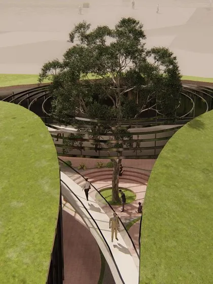 This conceptual design for an office building near Jaipur imagines a "landscraper" where the structure becomes one with the landscape. The building is nestled within earth berms, with a central court that brings in natural light while mitigating the hot, dry climate.