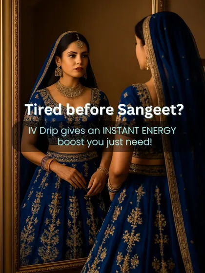 Wedding planning is exhausting, and it can show on your skin. An IV Drip before a big function like your Sangeet provides an instant energy and hydration boost, ensuring you feel as vibrant as you look, ready to dance the night away.