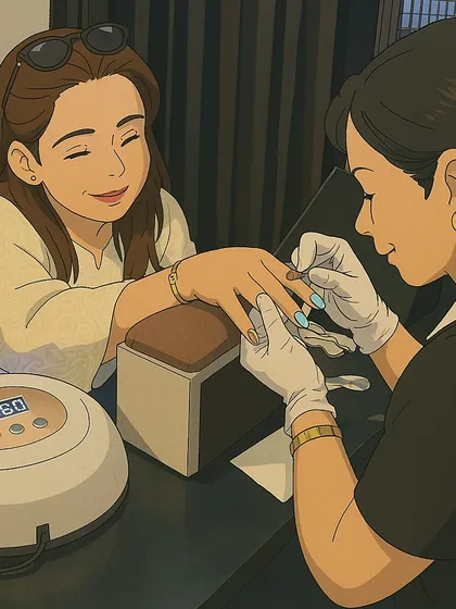 This illustration perfectly captures the happy moment a client sees her new nails.