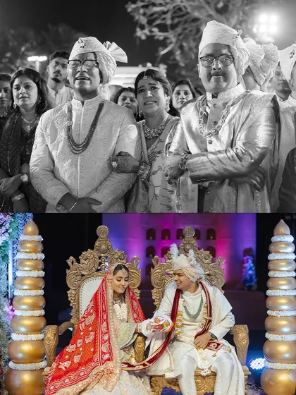 Emotional moments from the wedding ceremony, including a touching black and white photo of the family and a shot of the couple on their royal wedding thrones.