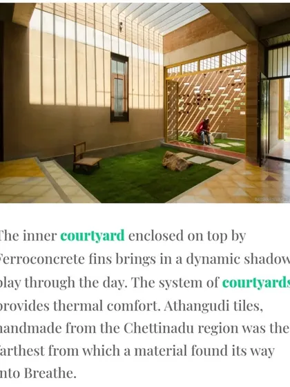 The central courtyard of our "Breathe" residence, an earth house project. This space acts as the lungs of the home, with ferroconcrete fins that create a dynamic play of light and shadow while promoting natural ventilation and thermal comfort.
