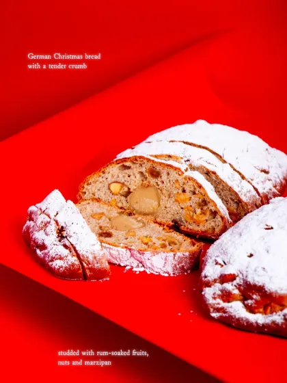 Our Stollen is a German Christmas bread with a tender crumb, studded with rum-soaked fruits, nuts, and marzipan.