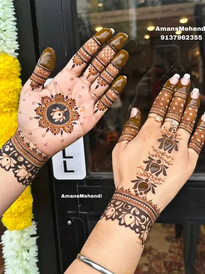A pair of hands showing two different minimal styles. One has a central mandala, while the other features a simple floral band, perfect for guests who want different looks.