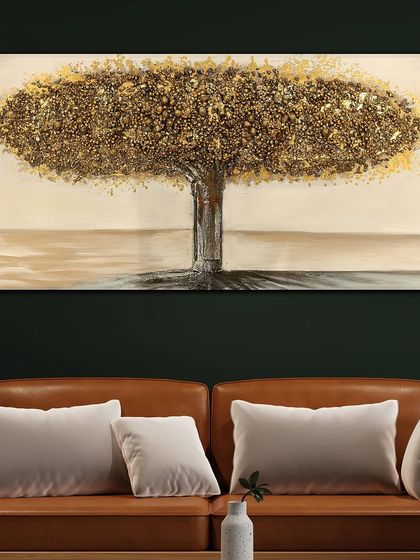 A stunning hand-painted tree with a full canopy of golden leaves. This piece symbolizes prosperity and growth, and its horizontal orientation makes it ideal for hanging over a large sofa.
