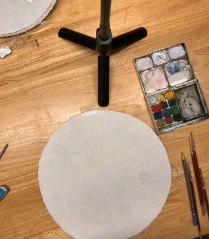 The tools of the trade. Vidya's watercolor palette and paper, showing the hands on process that resulted in her beautiful, textured artwork.