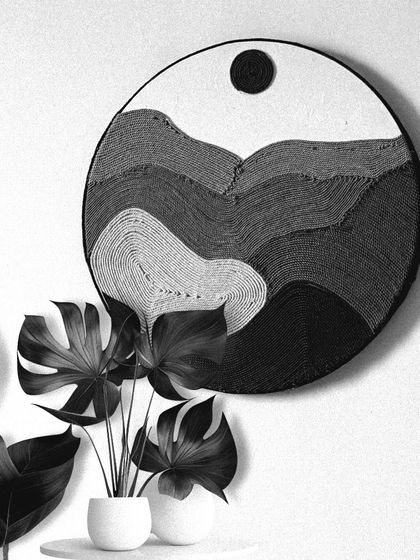 The same abstract landscape design, imagined in black and white. The focus shifts to the incredible texture and the flow of the lines, creating a modern and dramatic piece.