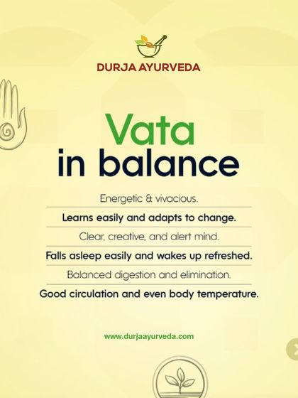 When Vata is in balance, you feel energetic, creative, and adaptable. This graphic lists the positive attributes of a balanced Vata dosha, including easy sleep and good circulation.