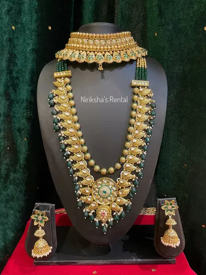 Another view of the green beaded Kundan-style set, showing the intricate detail and beautiful finish.