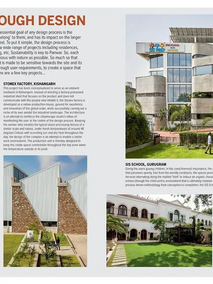 Another feature from the magazine, "Journey Through Design," showcases a portfolio of our work. It highlights diverse projects including the Stonex Factory, the Samsung Office, and the GD Goenka School, illustrating our firm's wide-ranging capabilities.