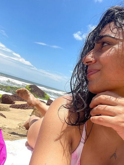 A close-up while relaxing on the beach, enjoying the moment.